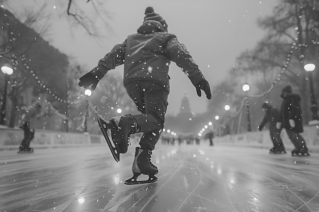 무료 사진 흑백으로 얼음 스케이트를 타는 사람들