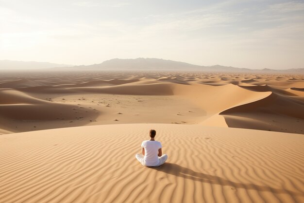 사막에서 요가 명상을 연습하는 사람