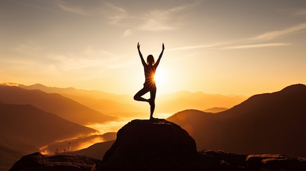 Бесплатное фото Человек, практикующий медитацию йоги на природе на закате или восходе солнца