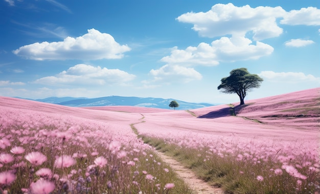 Бесплатное фото Розовый природный пейзаж с видом на дерево и поле