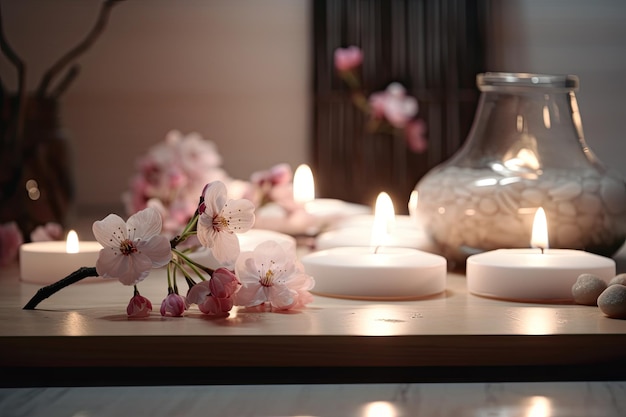 Free photo pink candles with pink flowers and zen stones on bathroom beauty spa treatment and relax concept ai generative