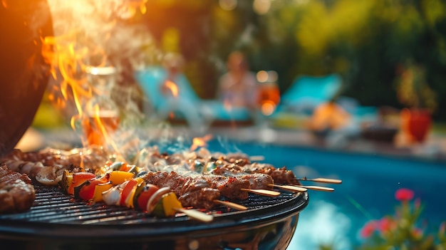 Free photo a poolside barbecue party with sizzling grills delicious aromas and casual summer vibes