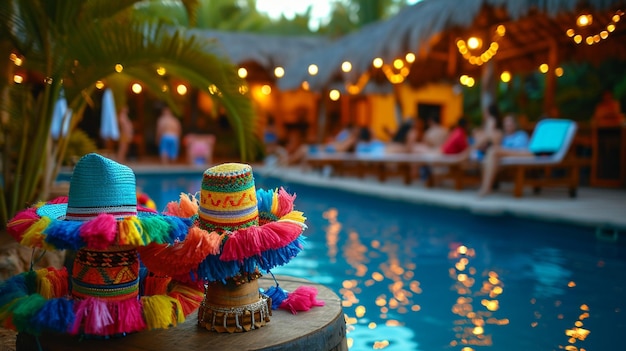 Free photo a poolside fiesta with a mexican theme featuring pinatas sombreros and a salsa dance floor