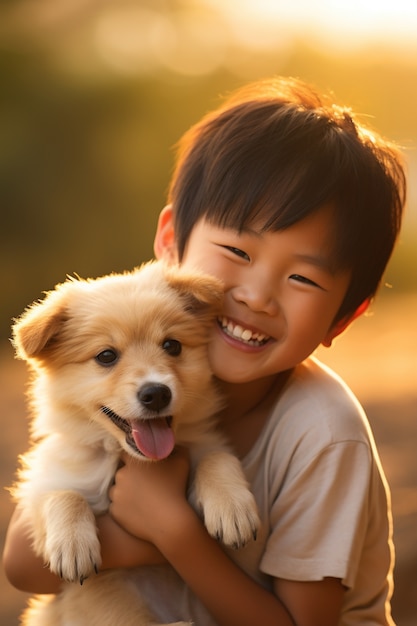 Portrait of young boy with dog
