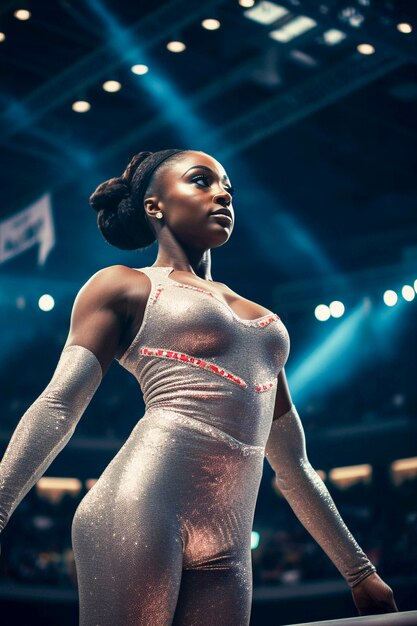 Портрет афроамериканской гимнастки, готовящейся к соревнованиям
