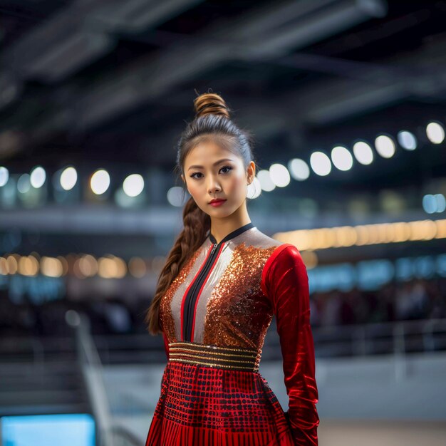 Портрет азиатской гимнастки, готовящейся к соревнованиям
