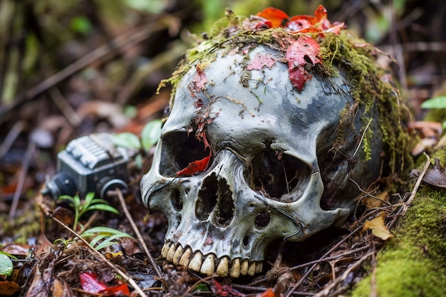 Free photo portrait of human skeleton skull with vegetation