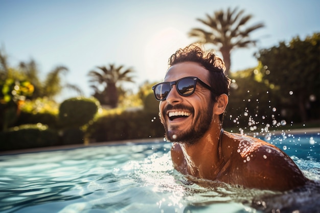 Портрет мужчины, улыбающегося в бассейне