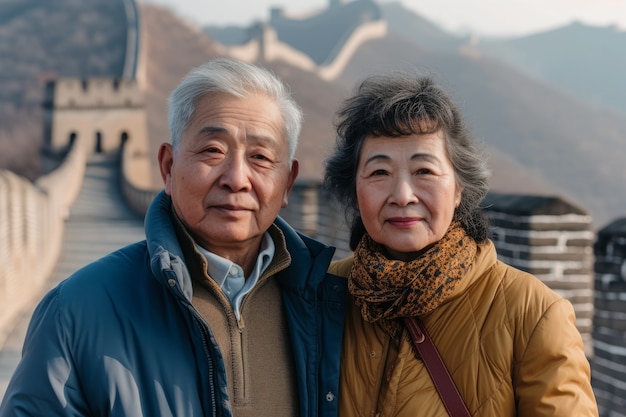 Foto gratuita ritratto di una coppia anziana che visita la grande muraglia cinese