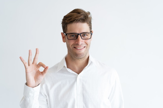 Free photo portrait of successful young businessman showing ok sign