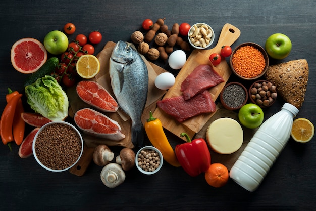 Free photo real food pyramid assortment  top view