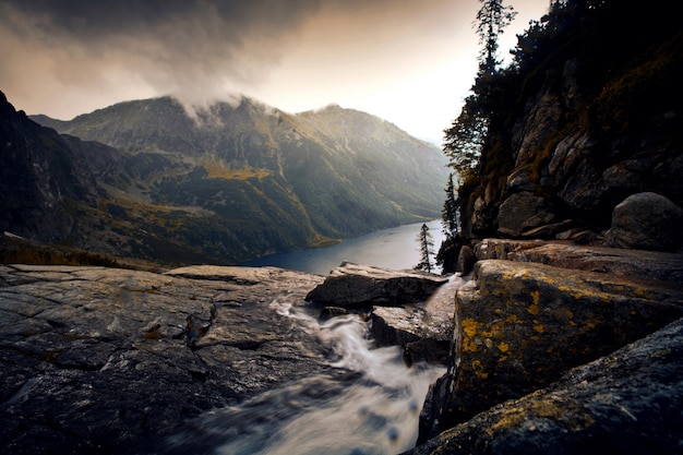 Бесплатное фото Река в туманных горах пейзаж.