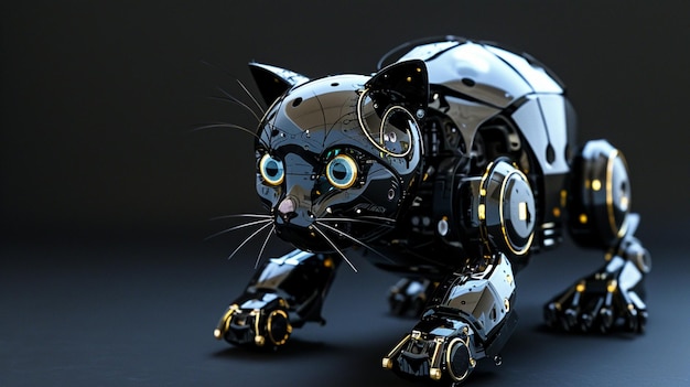 Free photo a robot cat on a black background