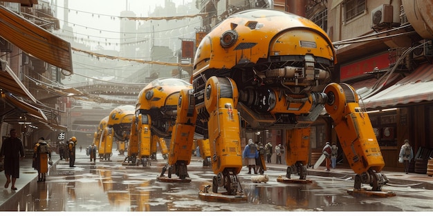 Free photo a row of yellow robots are walking down a wet street resembling a car parade