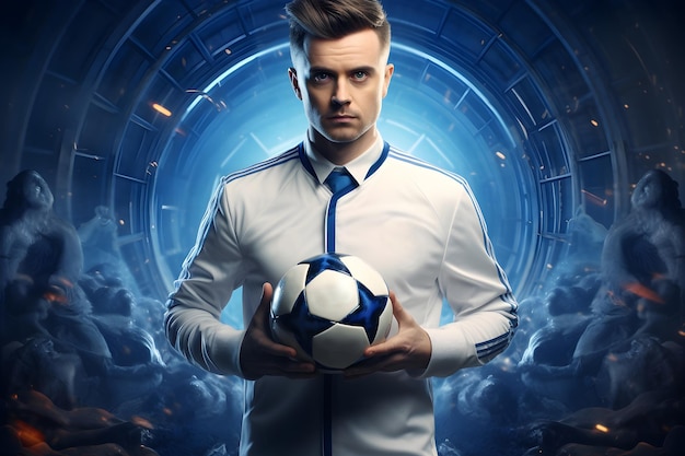 Футболист в белом костюме стоит на футуристическом синем фоне