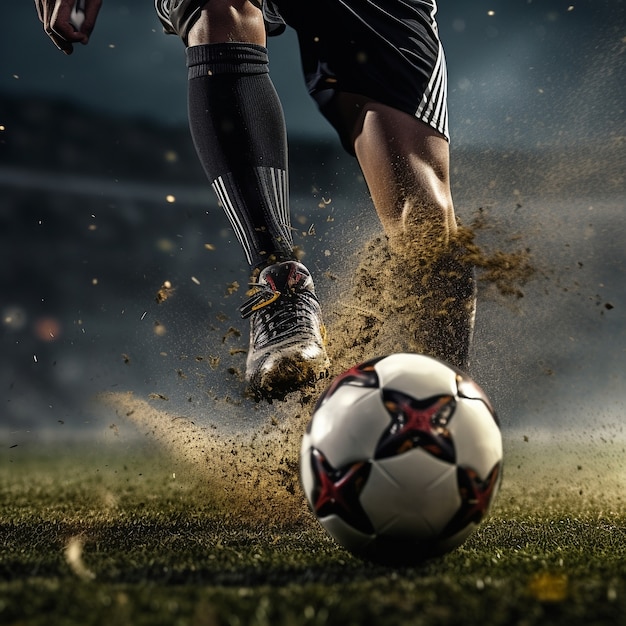 Футболист с мячом на травяном поле