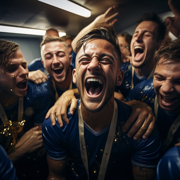 Бесплатное фото Футболисты ютятся и вместе празднуют победу