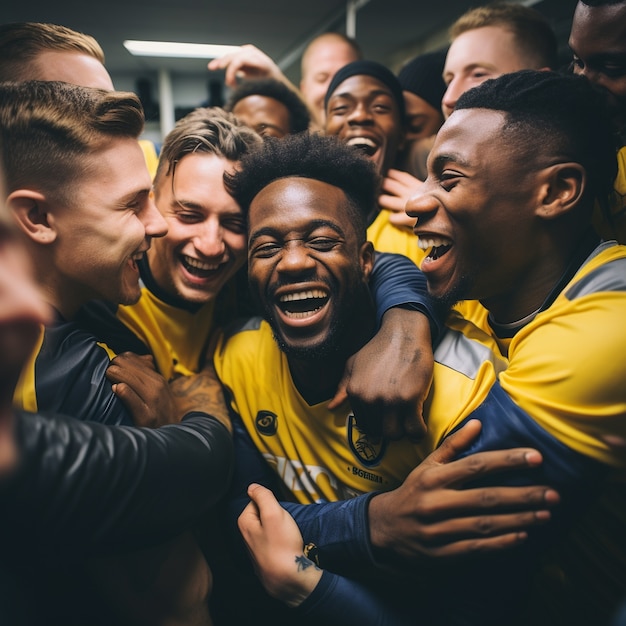 Бесплатное фото Футболисты ютятся и вместе празднуют победу
