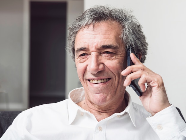 Smiling senior businessman talking on smartphone