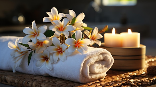 Free photo spa setting with a lit candle fluffy towels and fragrant flowers promotes relaxation