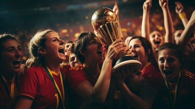 Бесплатное фото Испанская команда с трофеем чемпионата мира