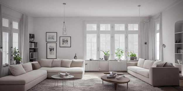 Бесплатное фото Стильная скандинавская гостиная с дизайнерской мебелью мятного дивана, макет плаката, карта, растения и элег