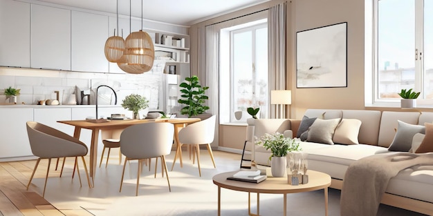 Бесплатное фото Стильная скандинавская гостиная с дизайнерской мебелью мятного дивана, макет плаката, карта, растения и элег