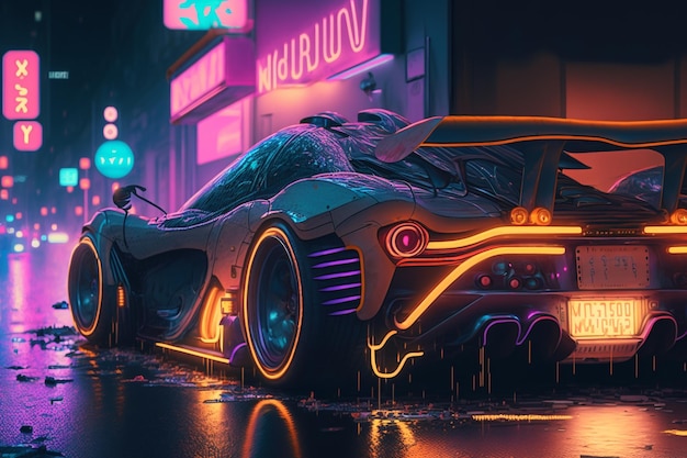 Free photo supersport car at cyberpunk city with neon lights generative ai