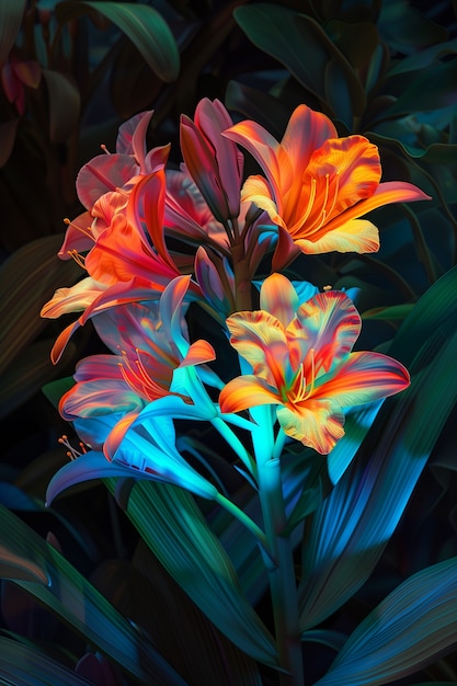 Free photo surreal neon tropical flowers