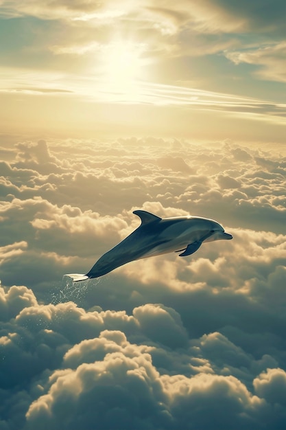 Foto gratuita rendering surreale di un delfino tra le nuvole.