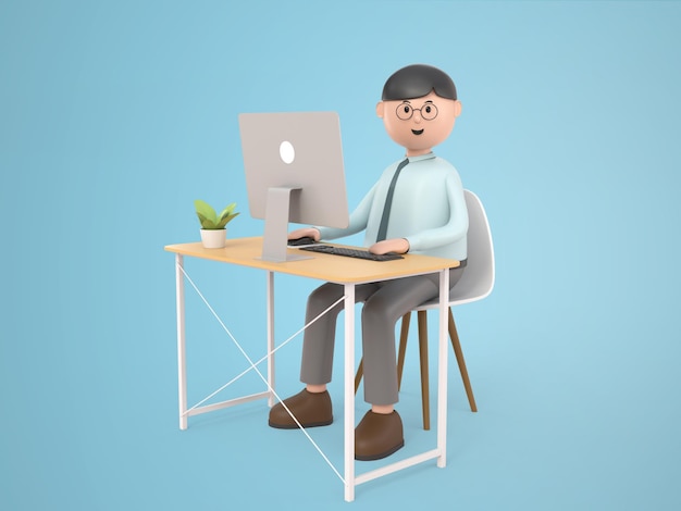 Free PSD 3d illustration cartoon character businessman wearing glasses working on desktop computer on desk in office