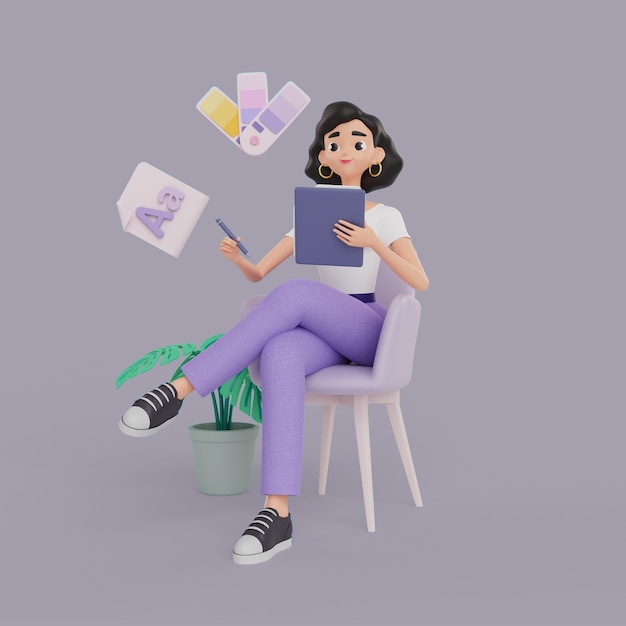 Free PSD 3d illustration of female graphic designer character working on tablet