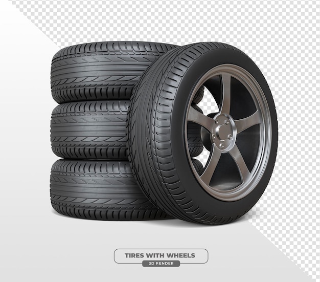 Бесплатный PSD Автомобильные шины с металлическим колесом в 3d-рендере с прозрачным фоном