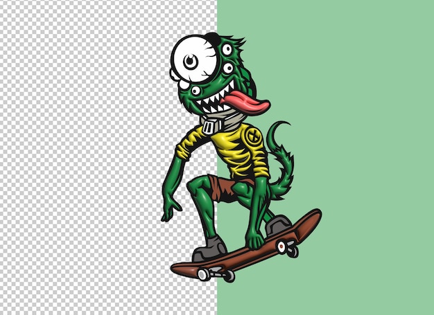 Free PSD a cartoon of a green monster on a skateboard.