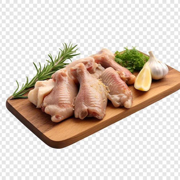 PSD gratuito ali di pollo, erbe, aglio e coltello su tavola di legno isolate su uno sfondo trasparente