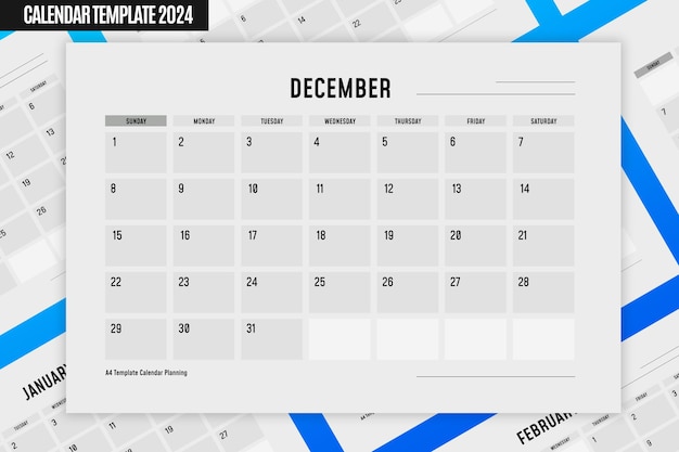 Free PSD a4 template 2024 calendar planning december