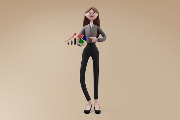 Free PSD attractive business woman in formal clothes is holding a money with graph and pointing finger on isolated background business and investment concept 3d render cartoon character
