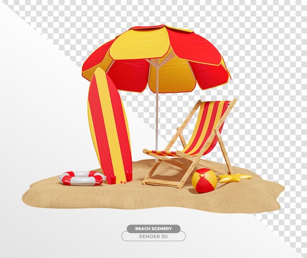 Free PSD beach chairs with umbrella in realistic 3d render with transparent background
