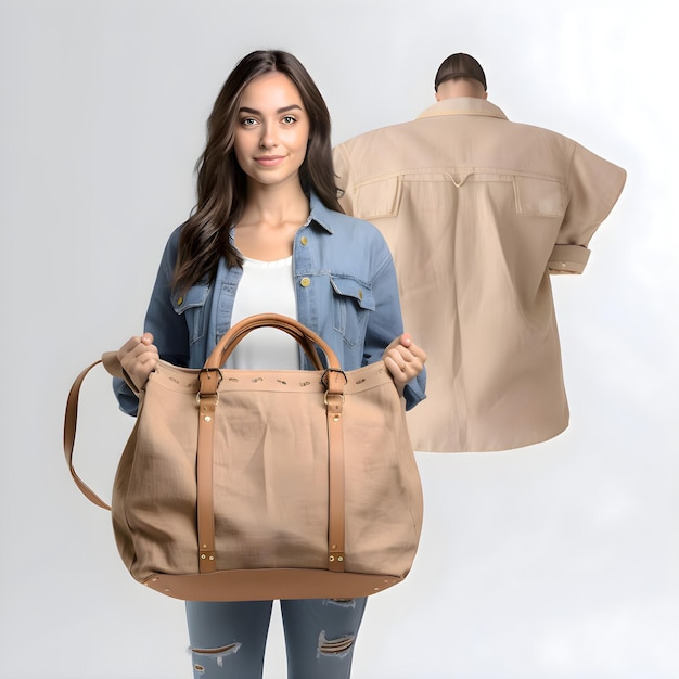 Free PSD beautiful young woman holding a brown bag on a mannequin