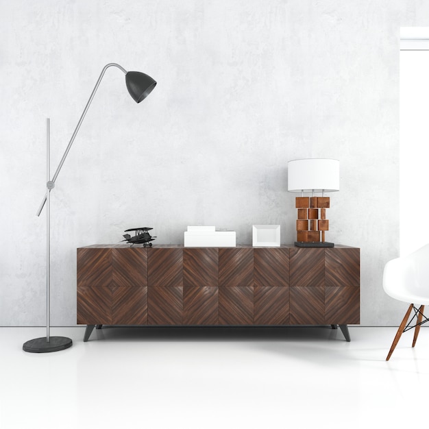 Бесплатный PSD Пустой белый настенный макет с деревянным столом и лампами