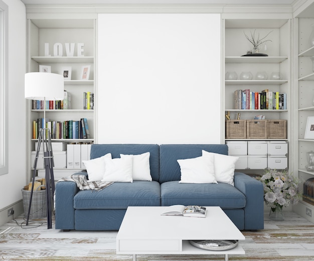 Free PSD elegant living room with sofa and mockup wall