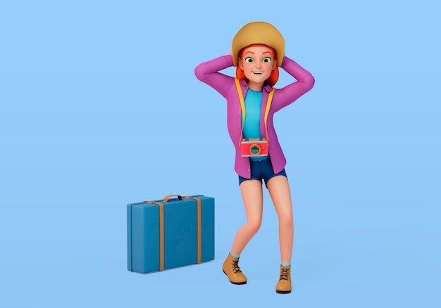Free PSD front view woman traveling with baggage