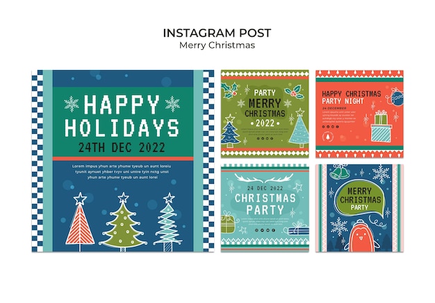 Бесплатный PSD набор рисованной рождественской вечеринки в instagram