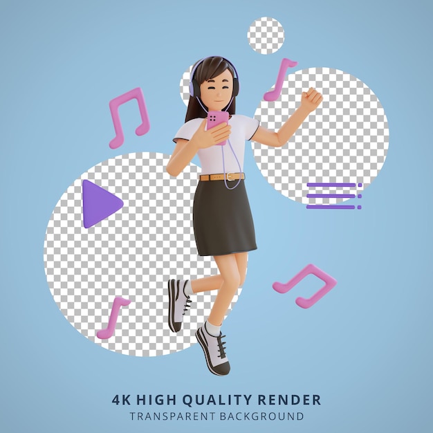 Free PSD happy young woman hearing music 3d character illustration