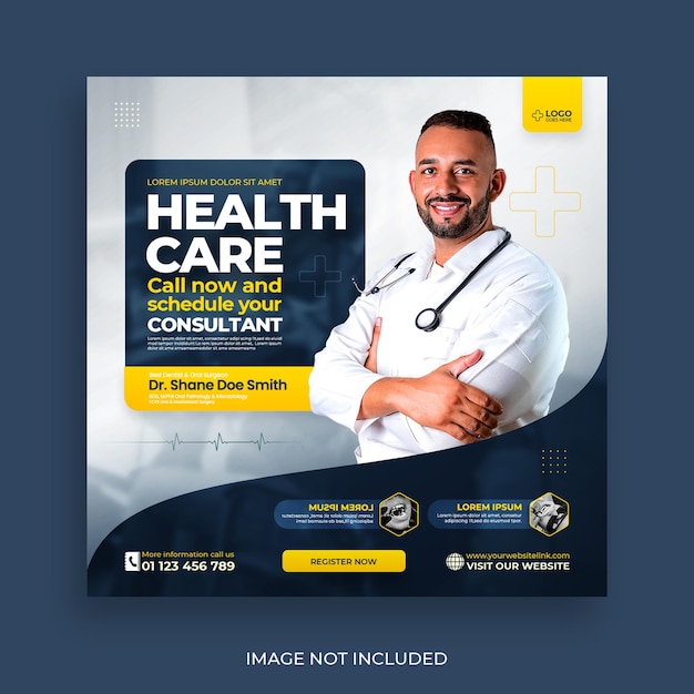Free PSD healthcare banner or square flyer with doctor theme for social media post template