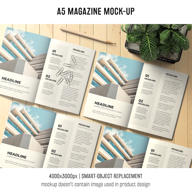 Free PSD open a5 magazine mockup of four