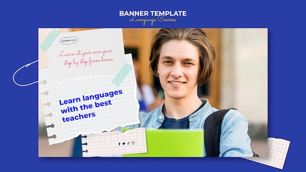 Free PSD language classes horizontal banner template with notebook pages