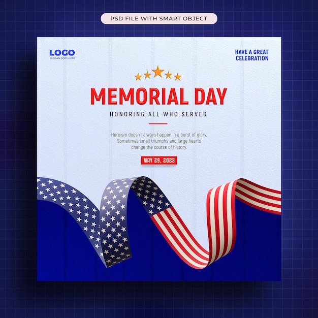 Free PSD memorial day of the usa social media post design template with american flag