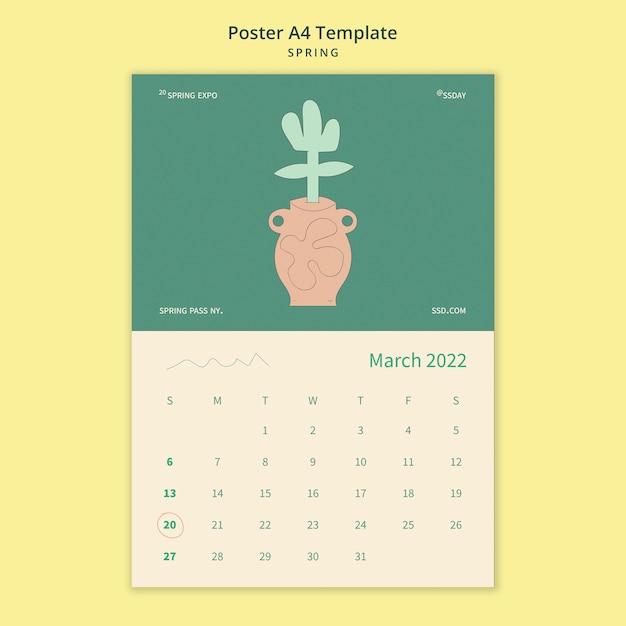 Free PSD spring vertical poster template with calendar and flower