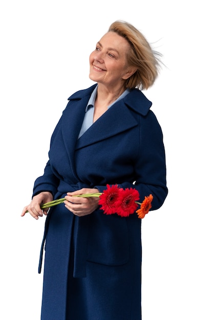 Студийный портрет пожилой женщины с цветами ромашки